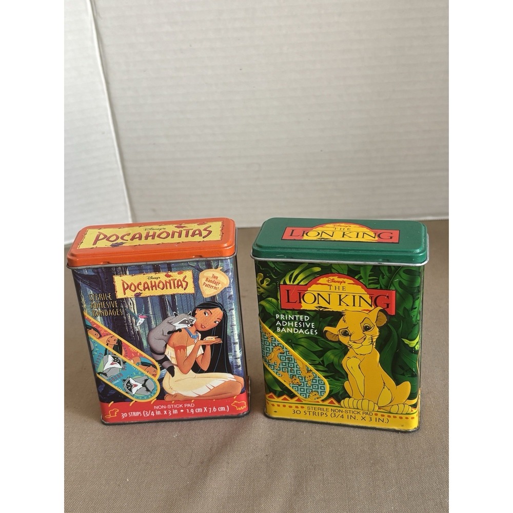 Vintage Disney Band Aids Pocahontas & Lion King Metal Tin Boxes (5 Bandages)